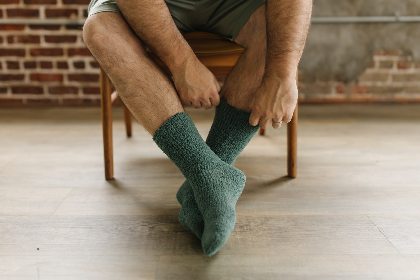 Forest Trail | Peaceful Green Cozy Socks | Fuzzy Socks | Cozy Socks for a Cause- on feet, pulling up