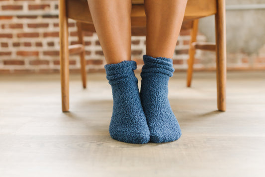 Night Sky | Dark Blue Cozy Socks | Fuzzy Socks | Cozy Socks for a Cause- on feet, scrunched