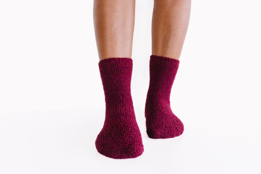 Vineyard | Valley Harvest Purple Cozy Socks | Fuzzy Socks | Cozy Socks for a Cause- on feet